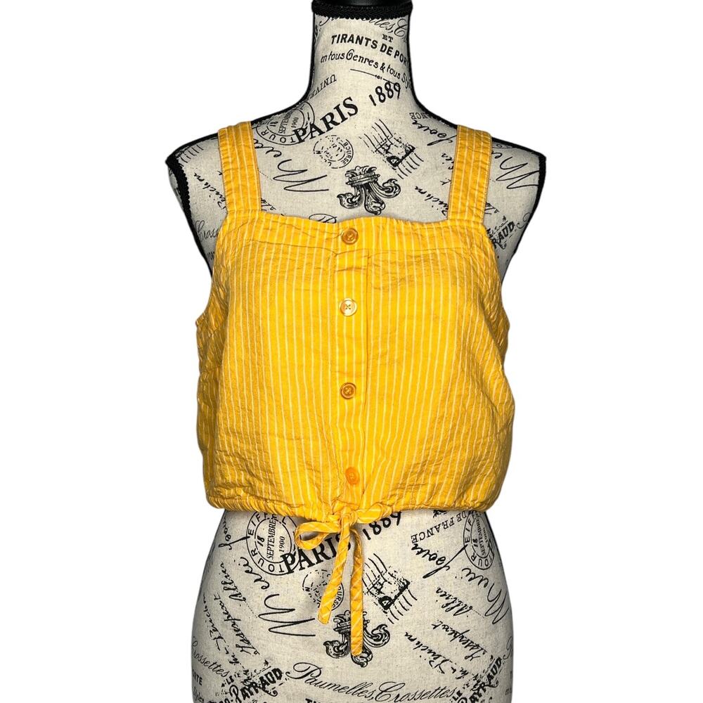 A New Day (M) Striped Button Detail Linen Blend Front Tie Crop Top Tank Shirt